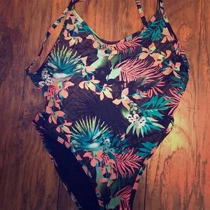 NWT black floral one piece swimsuit. Size m